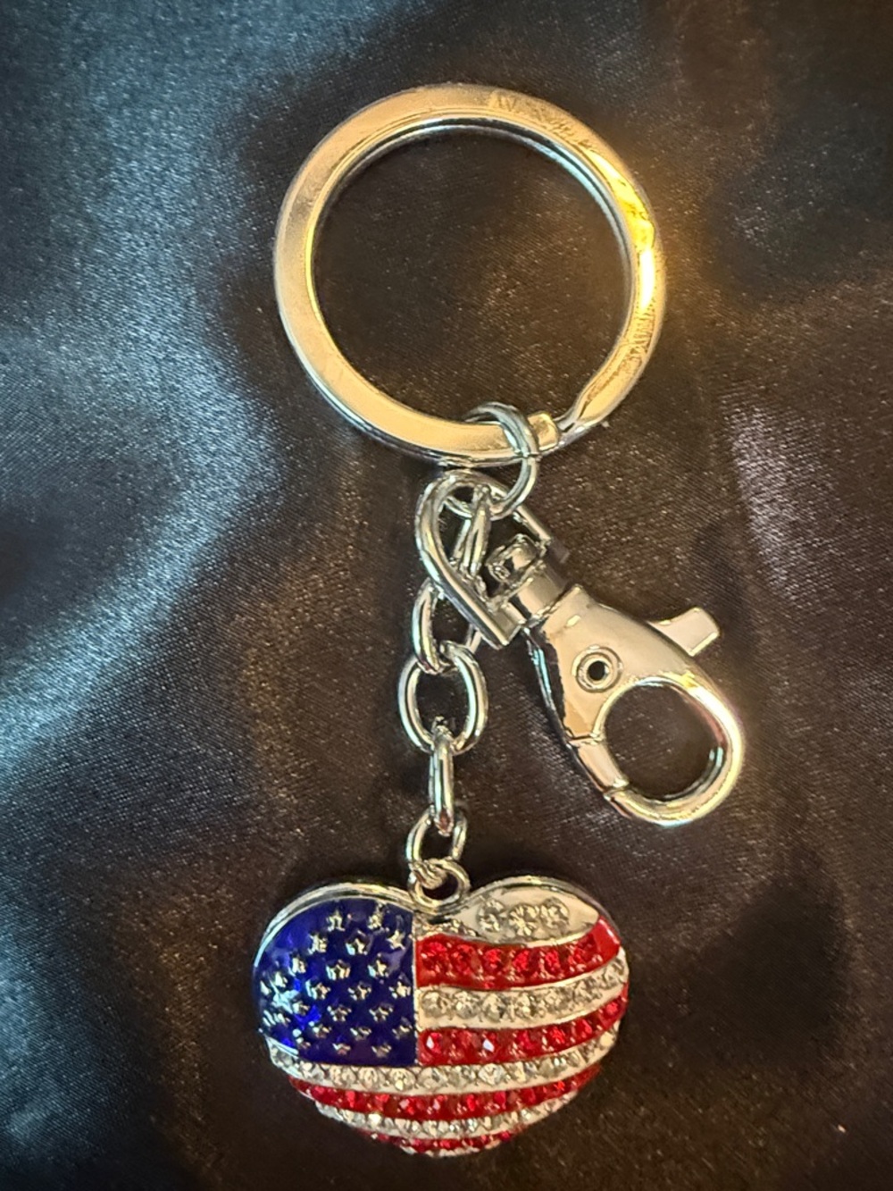 Patriotic Heart Keychain - Silver Tone with Red, White & Blue